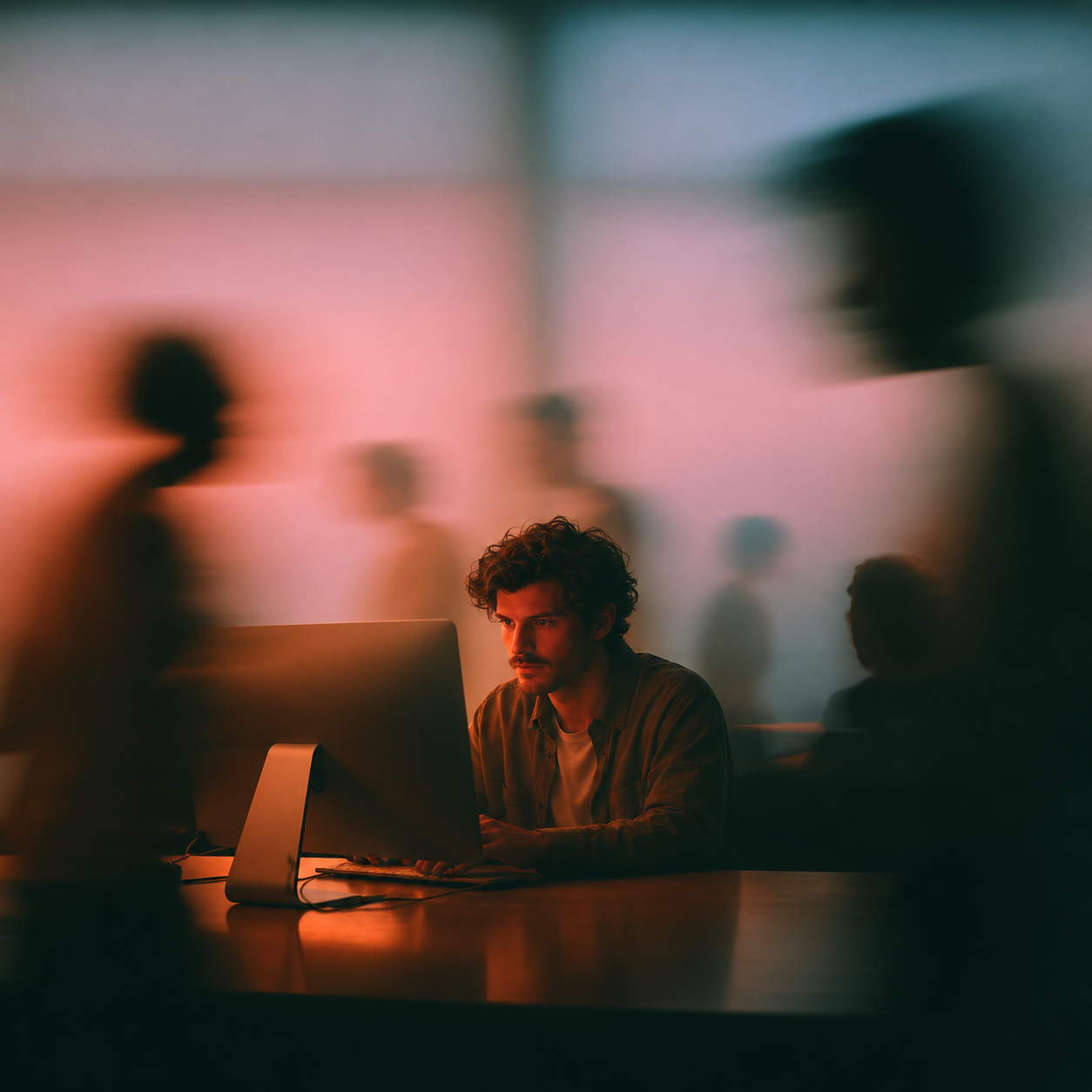 Developer focused at his screen while colleagues blur past